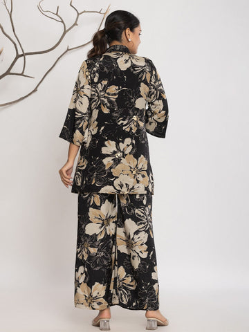 Varanga Women Floral Printed Front Placket Shirt with Flared Palazzo